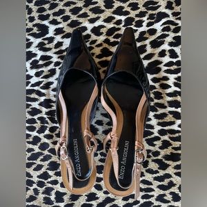Black patent leather with beige leather trim sling back